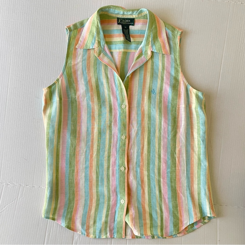 Lauren Ralph Lauren Pastel Striped Sleeveless Shirt 100% Linen